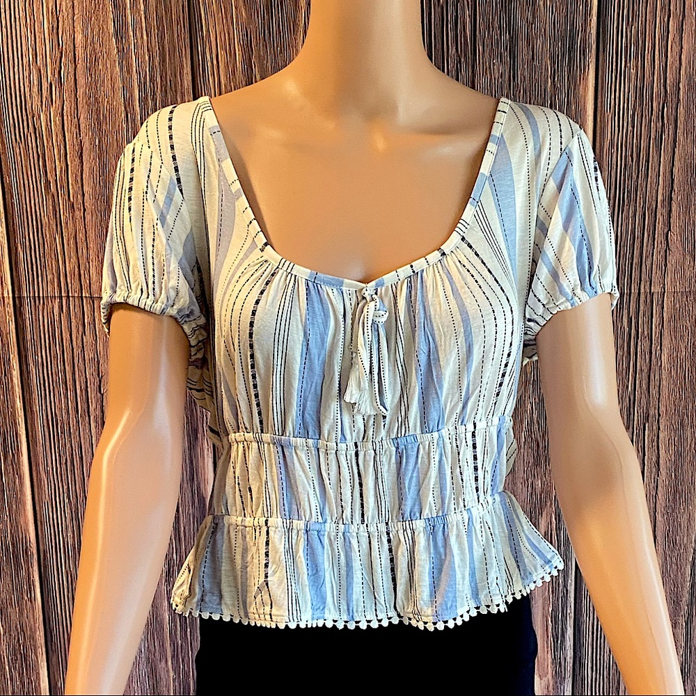 Derek Heart size large white and light blue stripped boho tassel peasant top